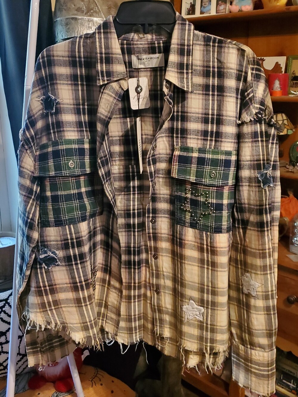 One Teaspoon Distressed Plaid Shirt Jacket in Beige, Black, Green